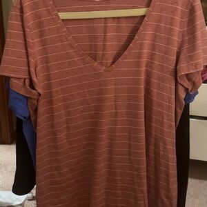 LuLuLemon Striped V-Neck Short Sleeve Tee in Rust
